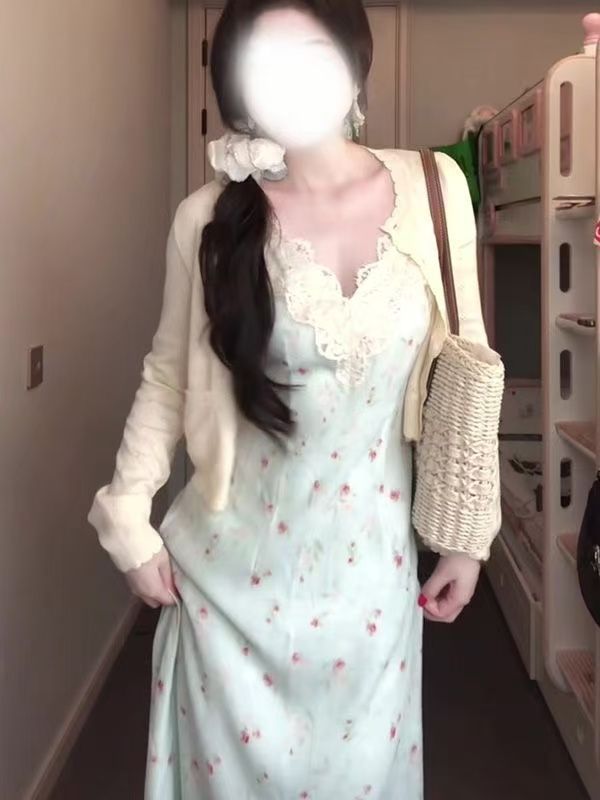 Fat mm Gentle Style Floral Strap Dress Plus Size Set for Women Spring Summer Long Sleeve Cardigan Lace Patchwork Waist-Cinching Long Dress