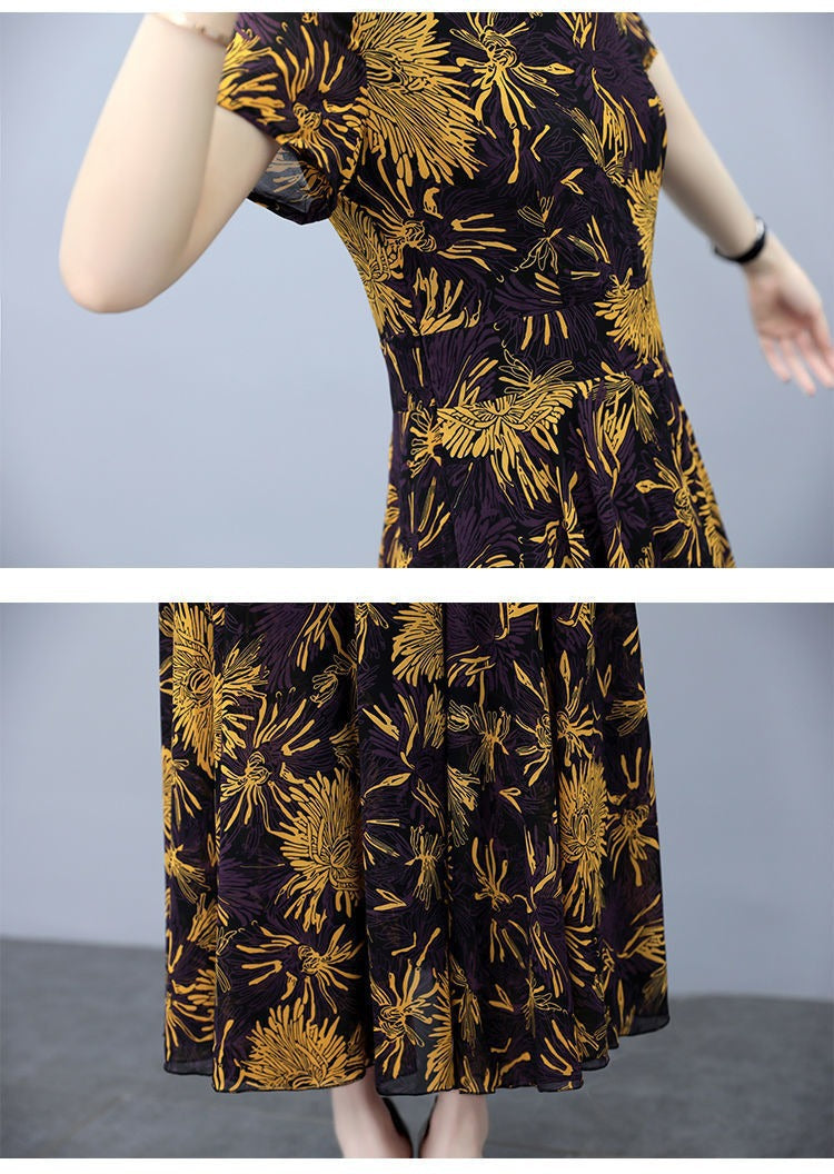 2022Summer New Chiffon Floral Dress Slimming Waist Plus Size Women mm Tummy-Covering Elegant Long Dress