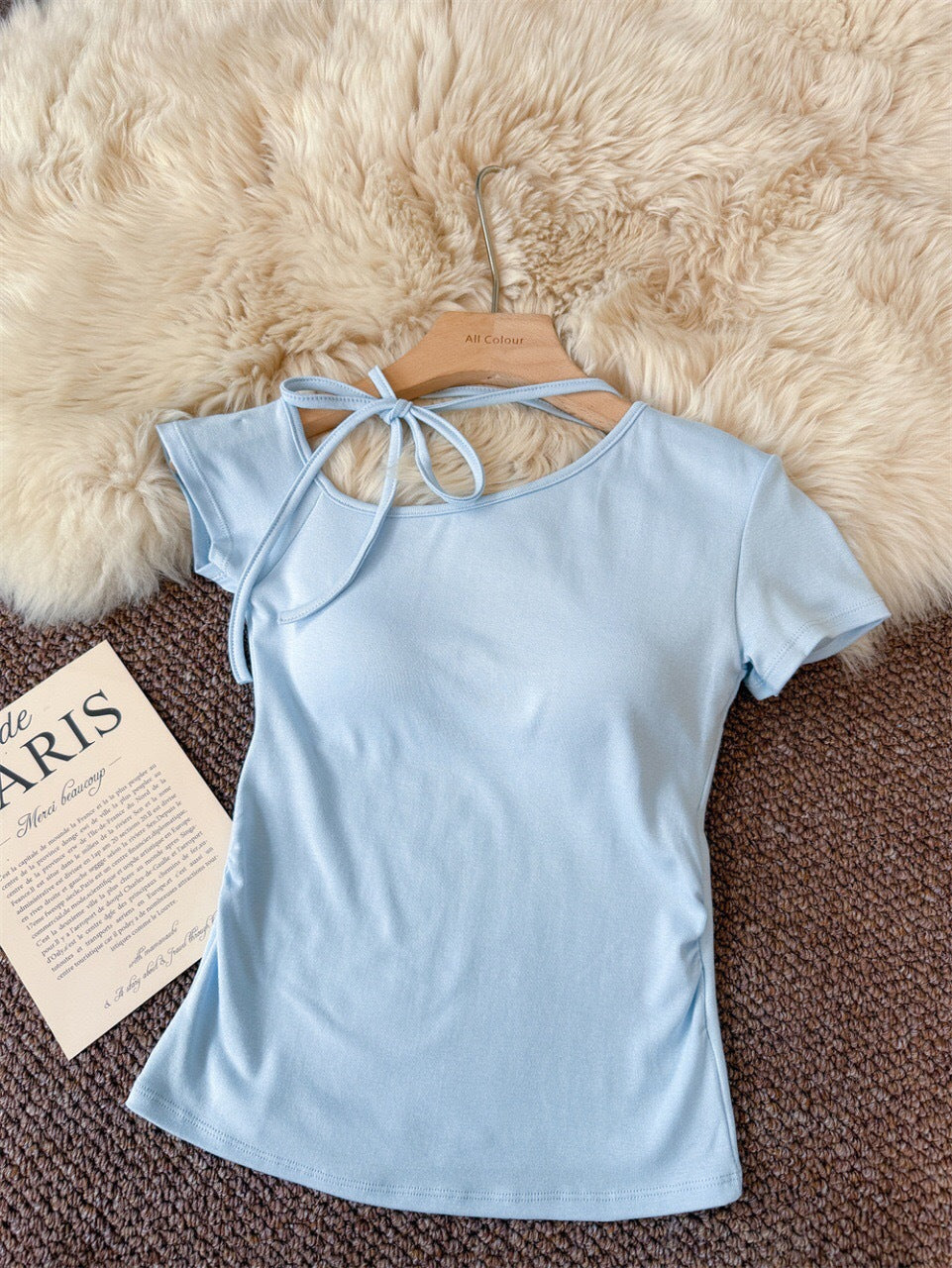 Purple Sexy Off-Shoulder Lace-Up Short Sleeve T Women's Summer Slim Fit Waist-Cinching American Style Hot Girl Halter Neck Top