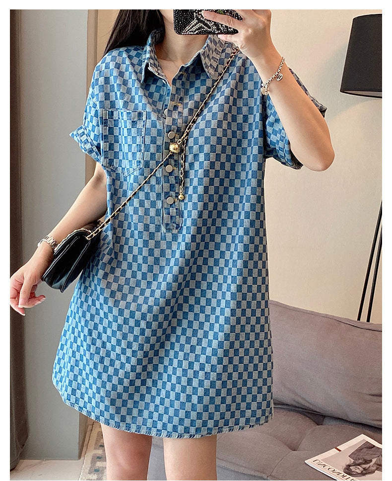 2-300Jin Fat mm Denim Blue Dress for Women Summer New Large Size Mid-Length Loose Short Sleeve T T-shirt Skirt