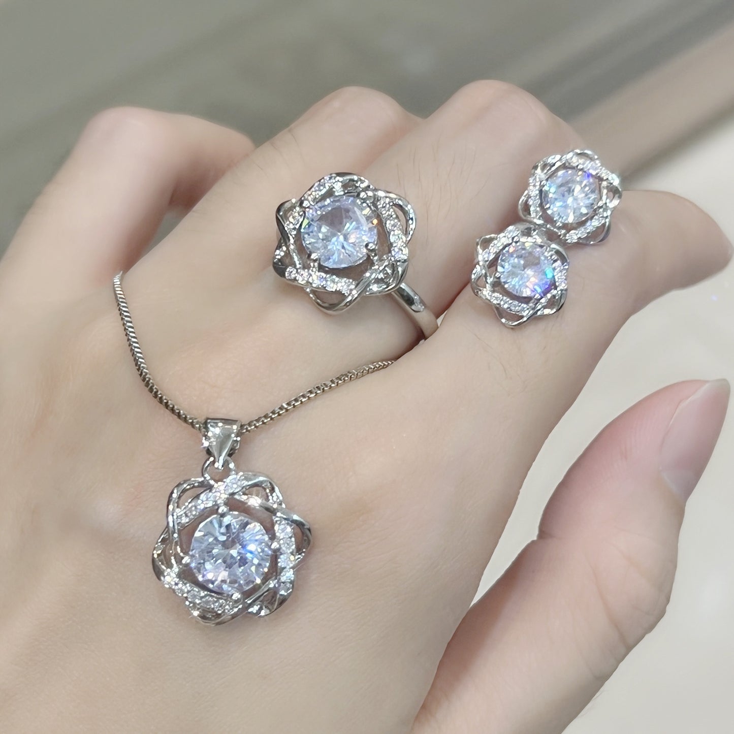 TikTok Live Full Diamond Hexagram Ring Earrings Pendant Necklace18K Gold Rotating Windmill Diamond Ring Jewelry Set