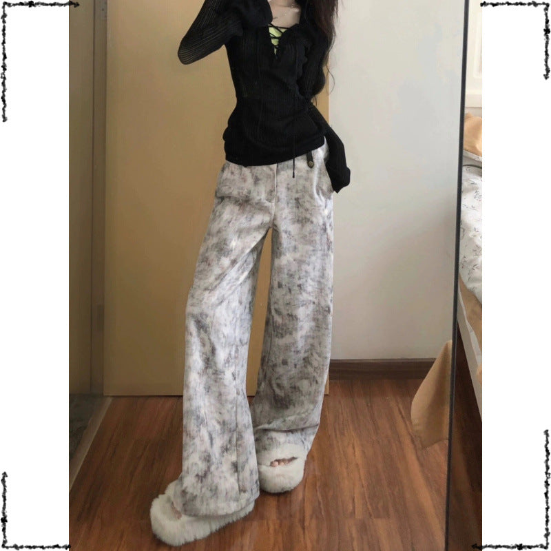 American Retro Tie-Dye Print Casual Wide-Leg Jeans for Women Loose High-Waist Draped Floor-Length Pants Summer Hot Sale