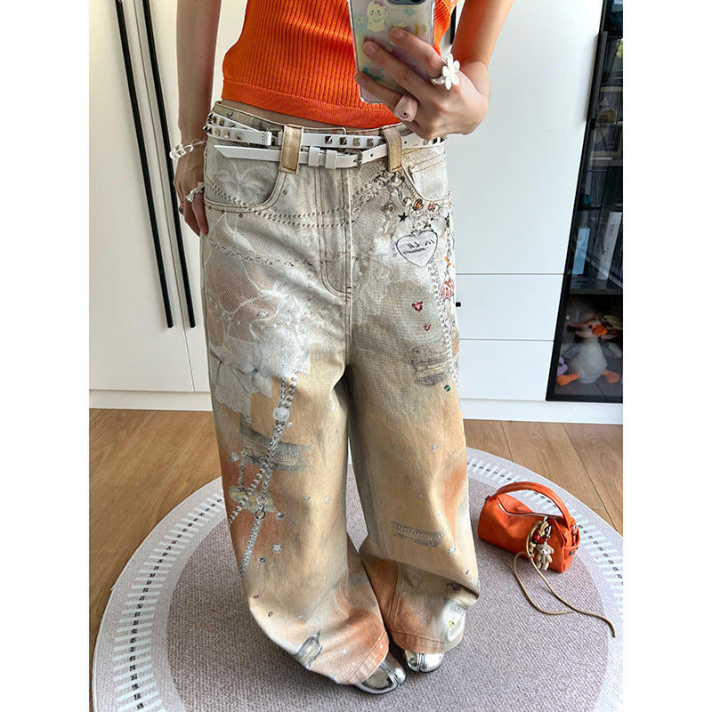 Colorful Inkjet Heavy Pattern Printed Jeans for Women, Unique Design, Loose Straight Wide-Leg Floor-Length Pants