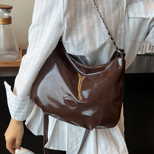 Summer Fashion Simple Casual Soft Surface Fresh Glossy Solid Color Large Capacity Commuter Shoulder Crossbody Bag2025New