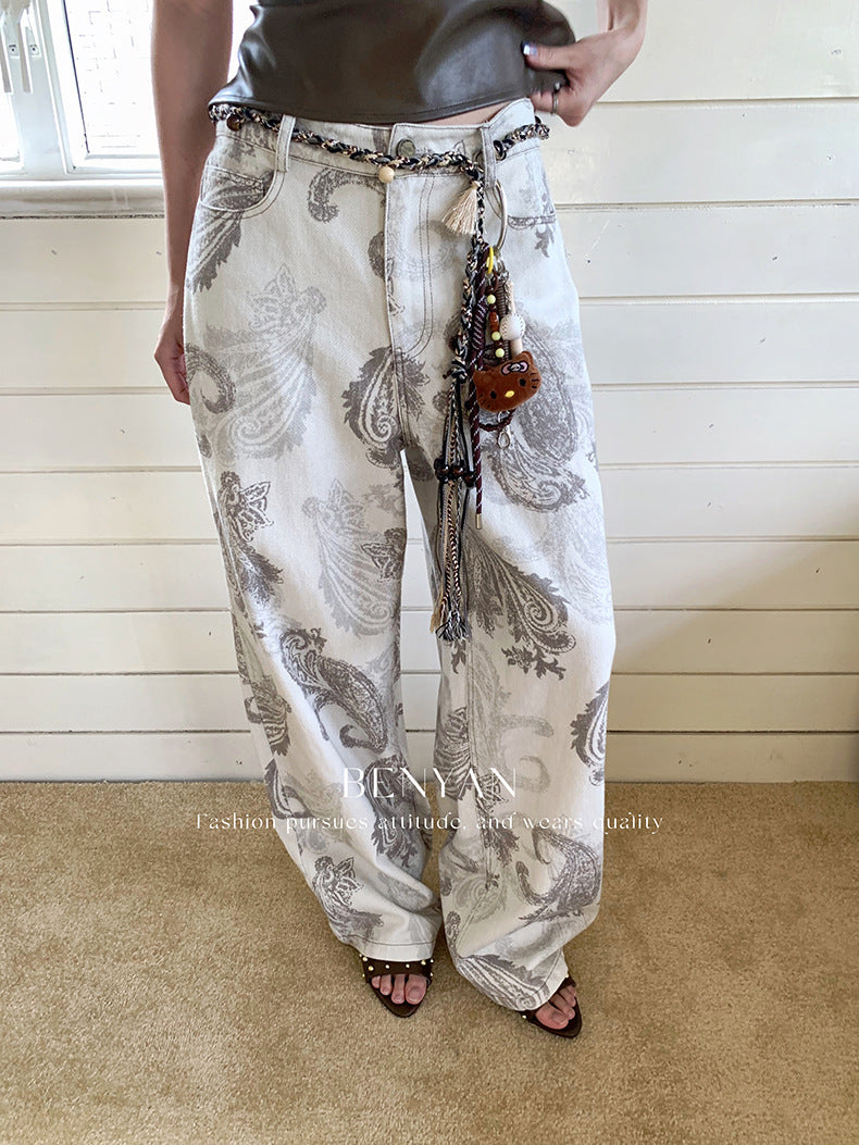 Original text Thirteen Lines Autumn Loose Retro Print Versatile Casual Jeans for Women【Includes Waist Belt】82285