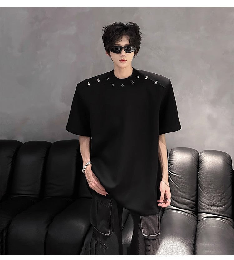 2025High-end Stylish Padded Shoulder Short Sleeve T Men's Summer Shirt with Unique Metal Decoration Design Heavyweight Top t T-shirt
