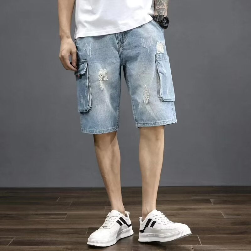 Summer Casual Multi-Pocket Loose Denim Shorts Men Trendy Loose Cargo Pants Retro Jeans Five-Point Shorts