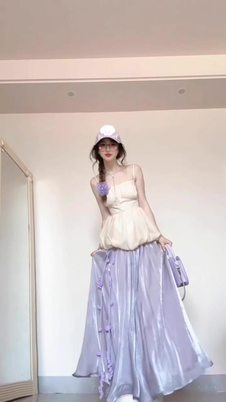 Pure Desire Sweet Spicy Girl Set for Women Summer Flower Bud Strap Top Outfit Purple Stunning Half Skirt Fashion Two-Piece Set
