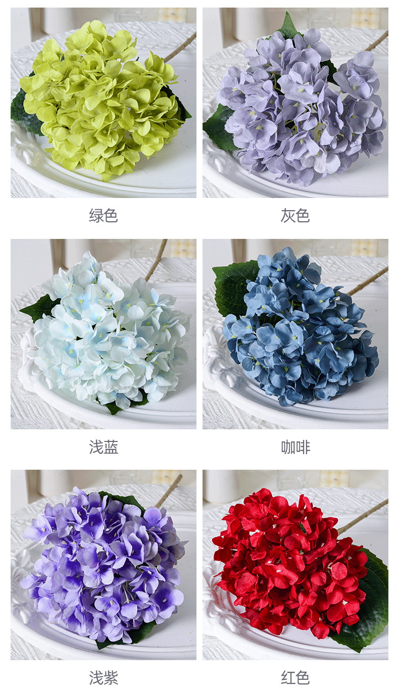 Artificial Hydrangea with Leaves for Wedding Decoration, Artificial Silk Flowers, Archway Flowers, Home Decor Fake Flowers, Single Artificial Flowers