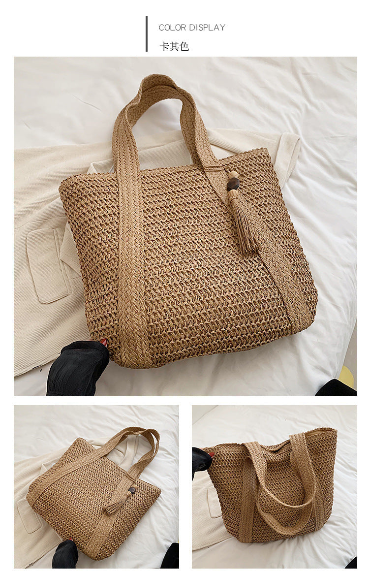Cross-Border Hot-Selling Women's Bag Simple Large Capacity Lightweight Woven Bucket Beach Bag Trendy Straw New Handheld Shoulder Bag
