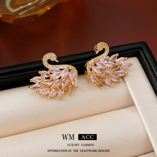 Real Gold Plated Silver Needle Zircon Swan Earrings Niche Light Luxury Exquisite ins Earrings with a high-end feel versatile for women