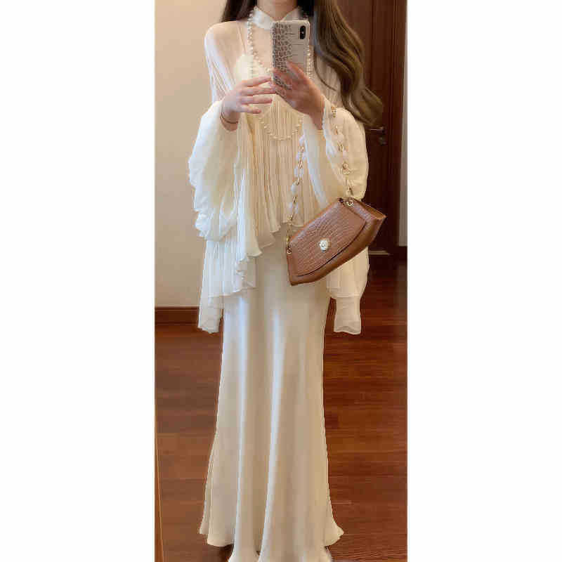 New Chinese Style National Style Set Cool and Relaxed Feel Strap Dress Stand Collar Top Elegant and Decent Two-Piece Dress Set
