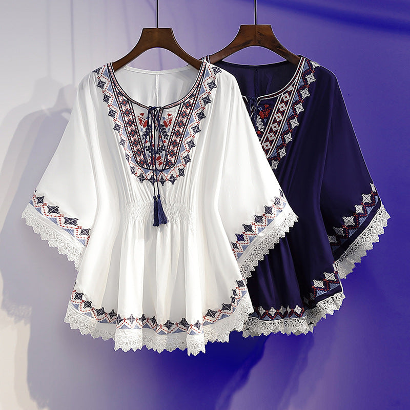 Summer Fashion Retro Slimming Top Women's Stylish Youthful Printed Five-Sleeve Round Neck Chiffon Blouse Women's Fashion