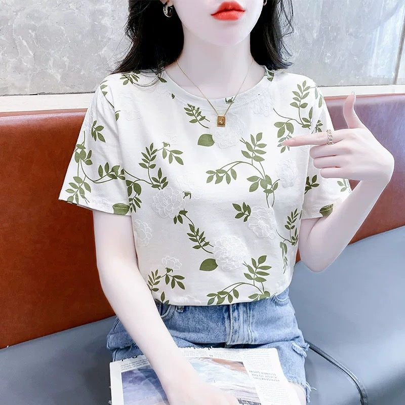 Cross-border new product milk silk round neck short-sleeved women's clothing T Floral Print Foam Base Shirt Loose Fit Women's Top