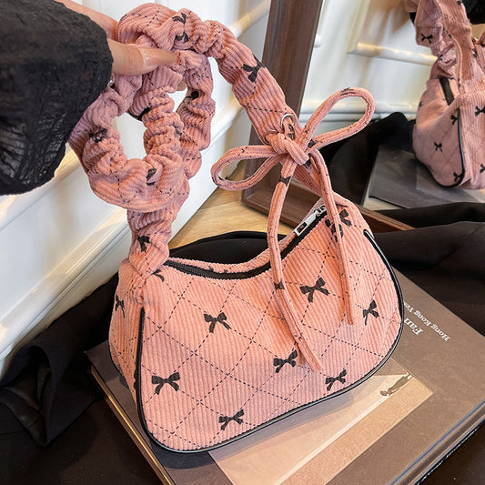 Sweet Bow Plaid Single Shoulder Underarm Crescent Bag2024Autumn new simple casual large capacity handbag
