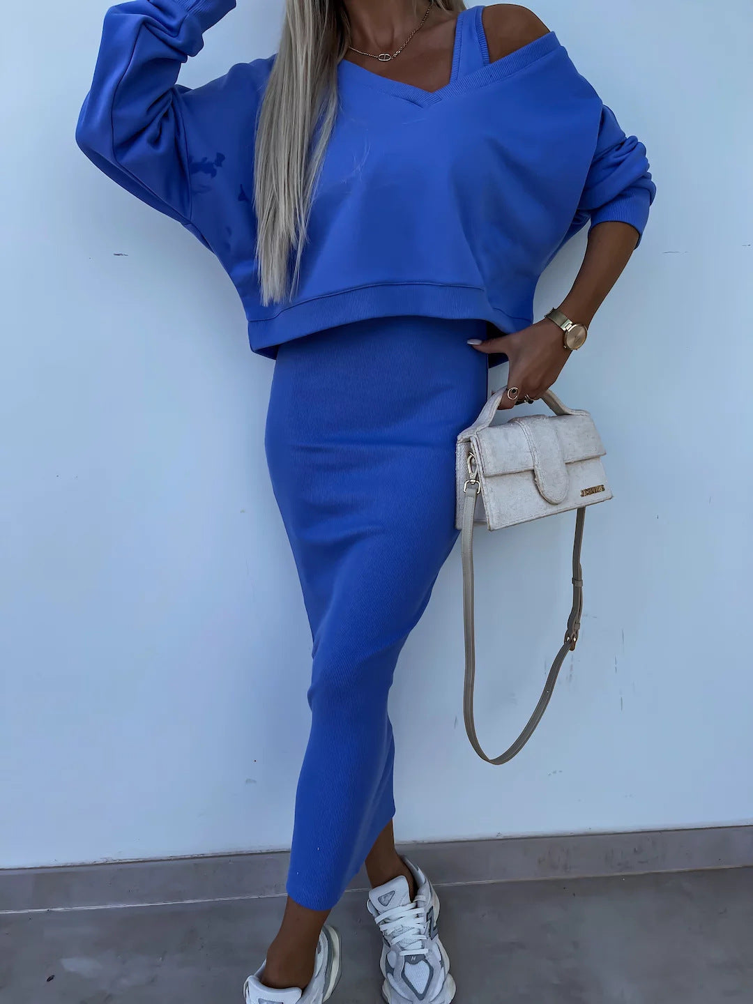 Amazon European and American Cross-Border New Spring Summer Women's Solid Color Clothing V Collar Long Sleeve Sweater Sling Slim Fit Long Dress2Set