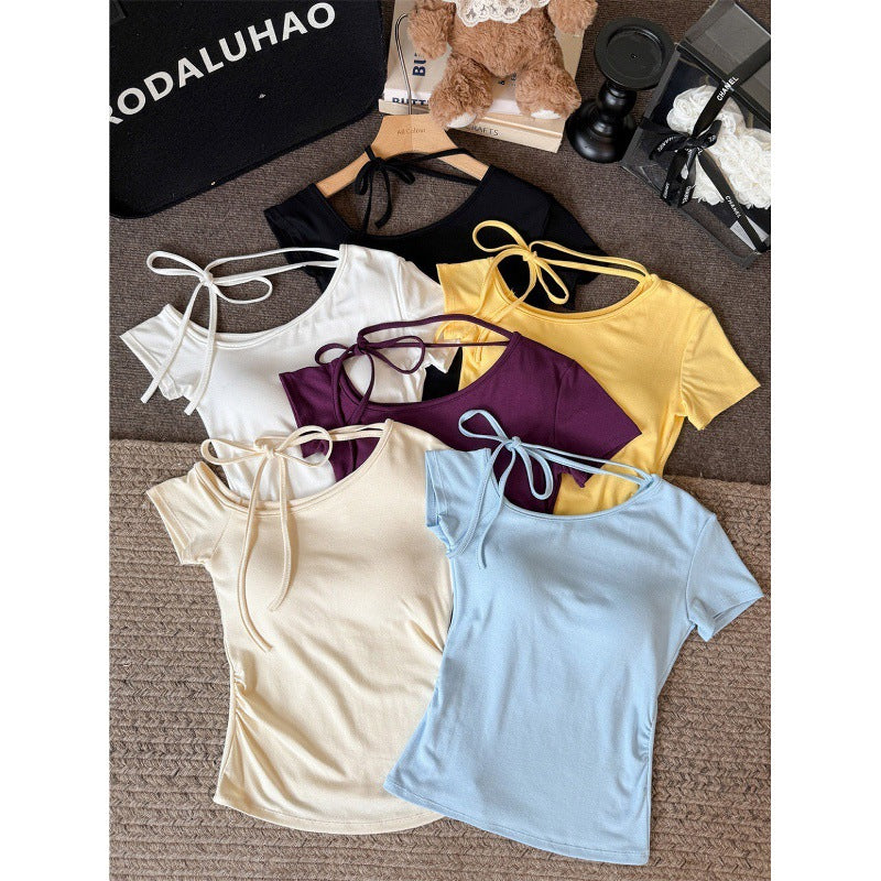 Purple Sexy Off-Shoulder Lace-Up Short Sleeve T Women's Summer Slim Fit Waist-Cinching American Style Hot Girl Halter Neck Top