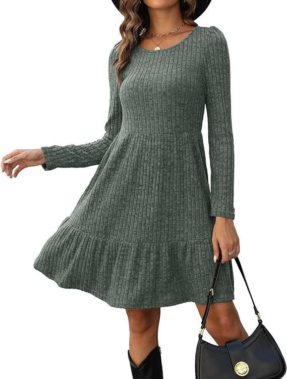 2023Autumn and Winter TEMU Amazon European and American Women's Fashion Cross-Border New Striped Round Neck Knitted Sweater Dress for Women