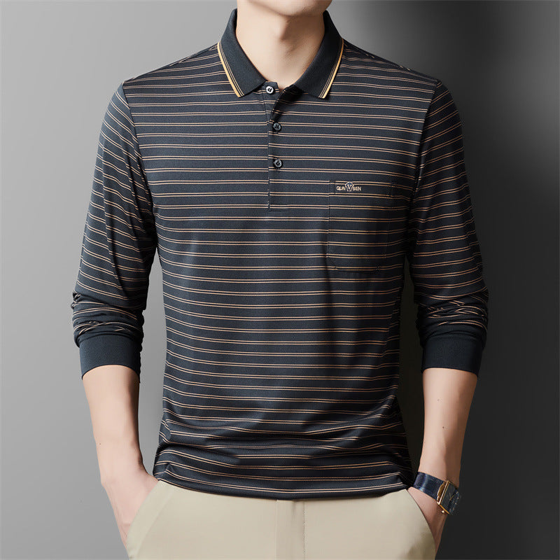 Autumn Men's Long Sleeve Cotton t Shirt for Middle-aged Dad Autumn Outfit with Turn-down Collar and Stripes POLO Base Layer Shirt T Grandpa's clothes