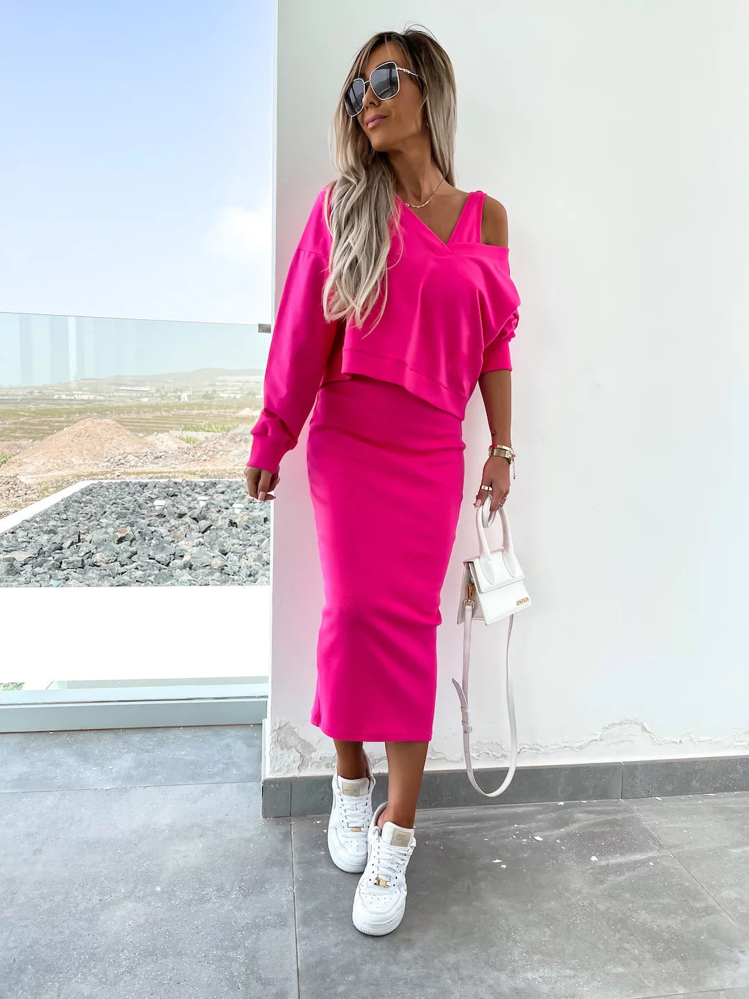 Amazon European and American Cross-Border New Spring Summer Women's Solid Color Clothing V Collar Long Sleeve Sweater Sling Slim Fit Long Dress2Set