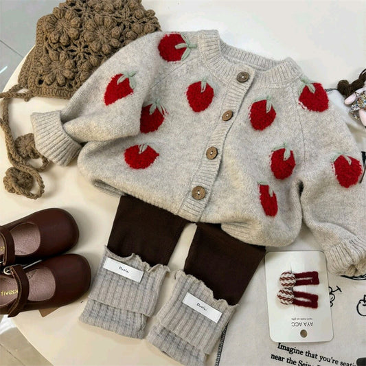 Little Salted Lemon Girl's Autumn Outfit Set25New Children's Clothing Baby Girl Spring and Autumn Strawberry Knitted Jacket Cardigan Two-piece Set
