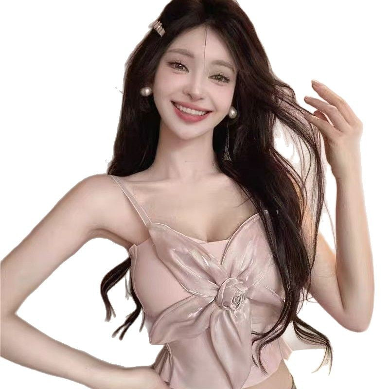 2024New Pure Desire Socialite Temperament Royal Sister Hot Girl Satin Three-Dimensional Flower Slimming Versatile Camisole Top