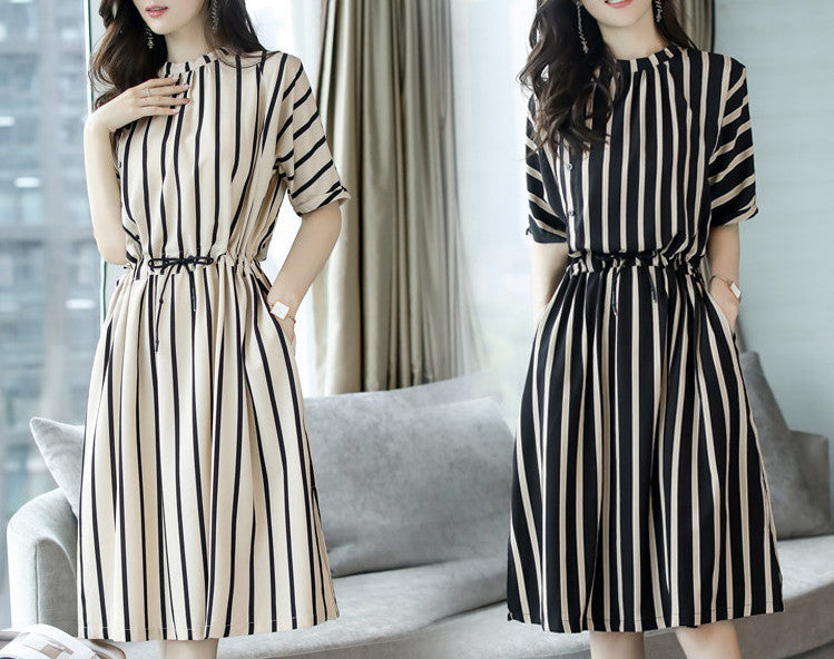 Beautiful Striped Dress2025Korean Style Lace-Up Waist-Cinching Loose Skirt Summer Mid-Length Plus Size Women's Clothing Wholesale