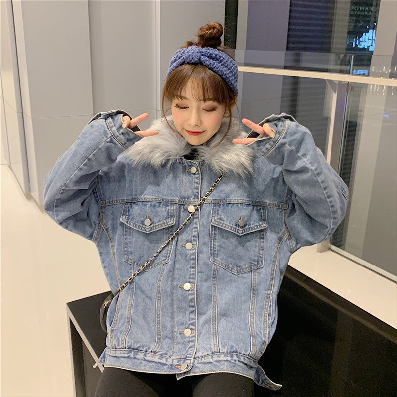 Cross-Border2022Winter New Korean Style Loose Thickened Fleece Rabbit Fur Inner Large Fur Collar Denim Jacket Women's Cotton Coat
