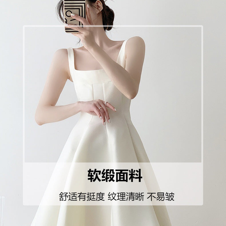French Style Light Wedding Dress Solid Color Satin Simple Petite Host Adult Ceremony Party Banquet Evening Dress Suitable for Daily Wear