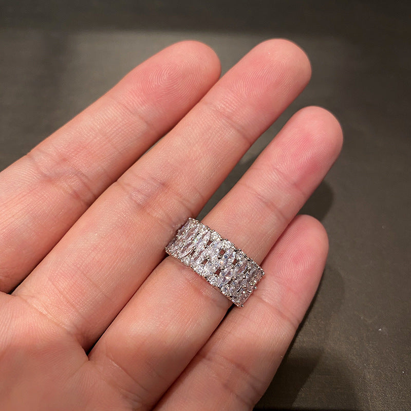 White gold Full Diamond Wide Band Row Diamond Bracelet Ring Narrow Band Simple Fashion Versatile Evening Party party Bracelet