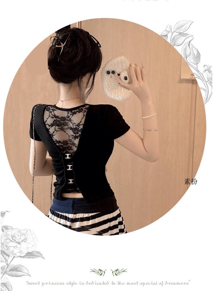 White u Pure Desire Slim Fit Tight Shoulder Short Sleeve t Women's Summer Shirt with Chest Pads Lace Hollow Out Hot Girl Short Top Black