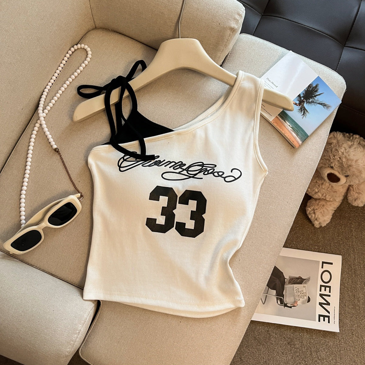 American Style Color-Block Printed Short Sleeve Off-Shoulder Hot Girl t Women's Summer Shirt with Built-in Chest Pads, Waist-Cinching, Slimming Short Top