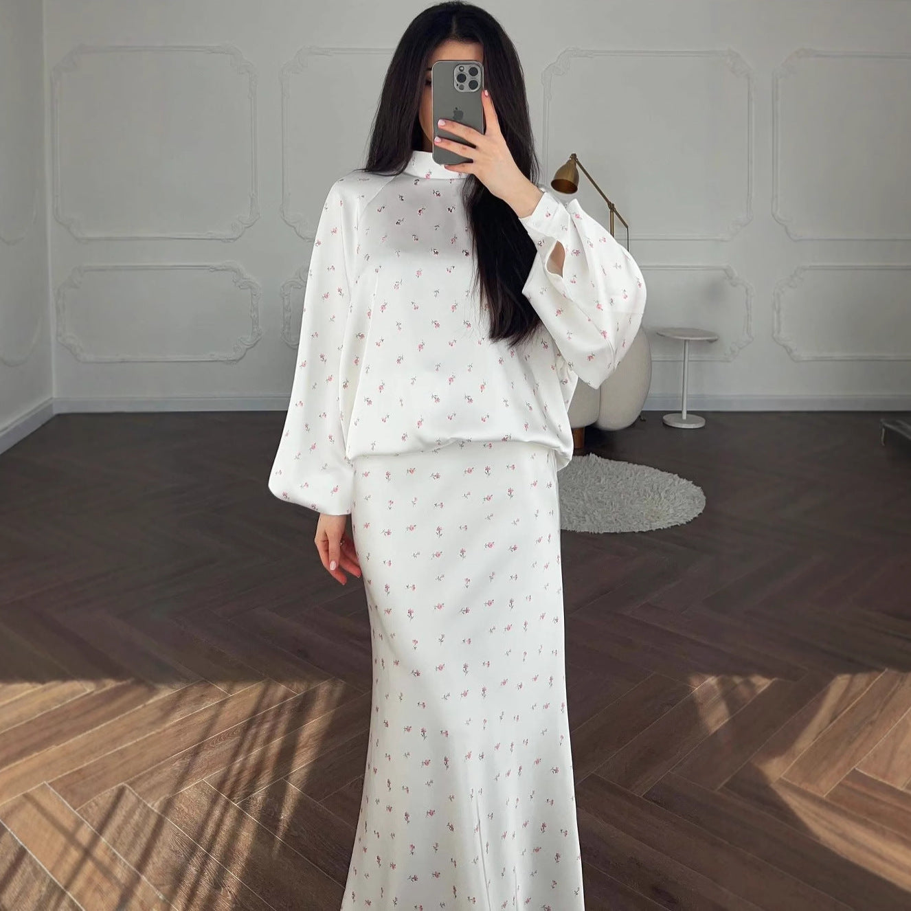 2025Autumn European and American Cross-Border New Loose Comfortable Elegant Shirt Sleeve Floral Top Half Skirt Set Women's Clothing