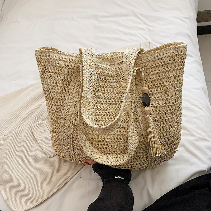 Cross-Border Hot-Selling Women's Bag Simple Large Capacity Lightweight Woven Bucket Beach Bag Trendy Straw New Handheld Shoulder Bag