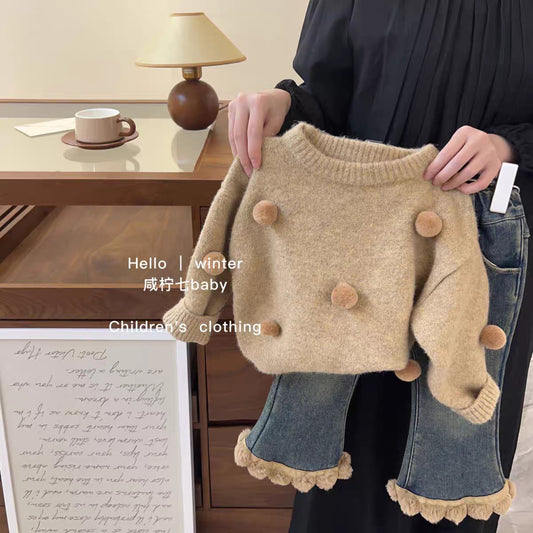 Little Salt Lemon Girl's Sweater Set Autumn Winter New Fashionable Baby Knitted Top One-Piece Fleece Jeans Two-Piece Set