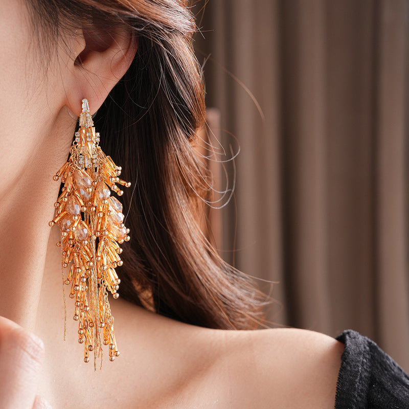 Silver Needle Inlaid Diamond Glass Tassel Earrings Fashion European and American Exaggerated Heavy Craft Stud Earrings Light Luxury High-end Niche Earrings for Women