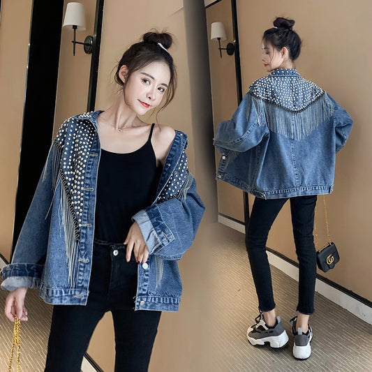 European and American New Style Tassel Heavy Embellished Rhinestone Rivet Long Sleeve Korean Version Loose Slimming Fashion Beaded Denim Jacket for Women
