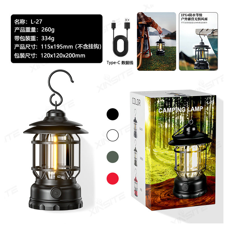 TikTok Hot-Selling Camping Light Atmosphere Light Flame Camping Light Tent Retro Lantern Outdoor Rechargeable Handheld Light Gift
