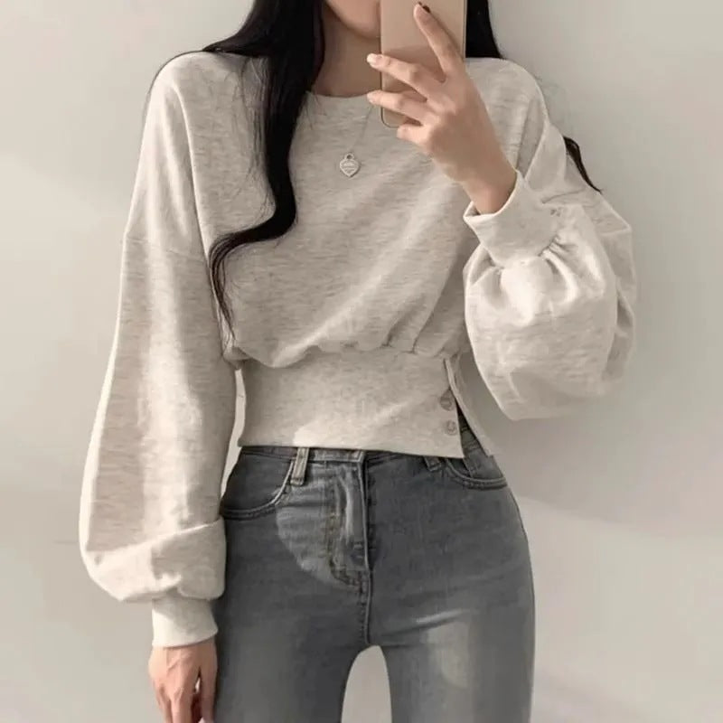 Polyester Fish Scale Korean Autumn Niche Design Round Neck Button Long Sleeve Short Pullover Sweatshirt for Women