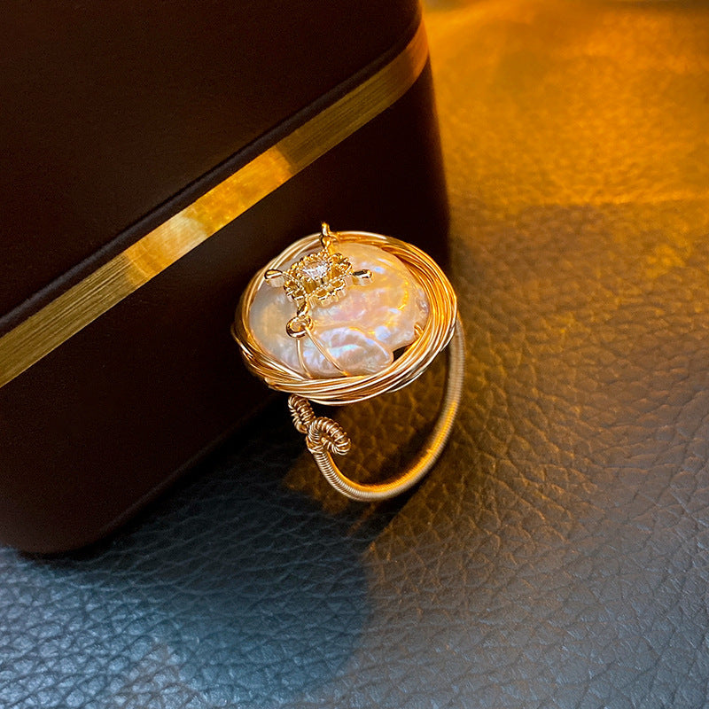 Real Gold Plated Baroque Pearl Tulip Flower Open Ring Korean Fresh Sweet Forest Style Light Luxury Jewelry
