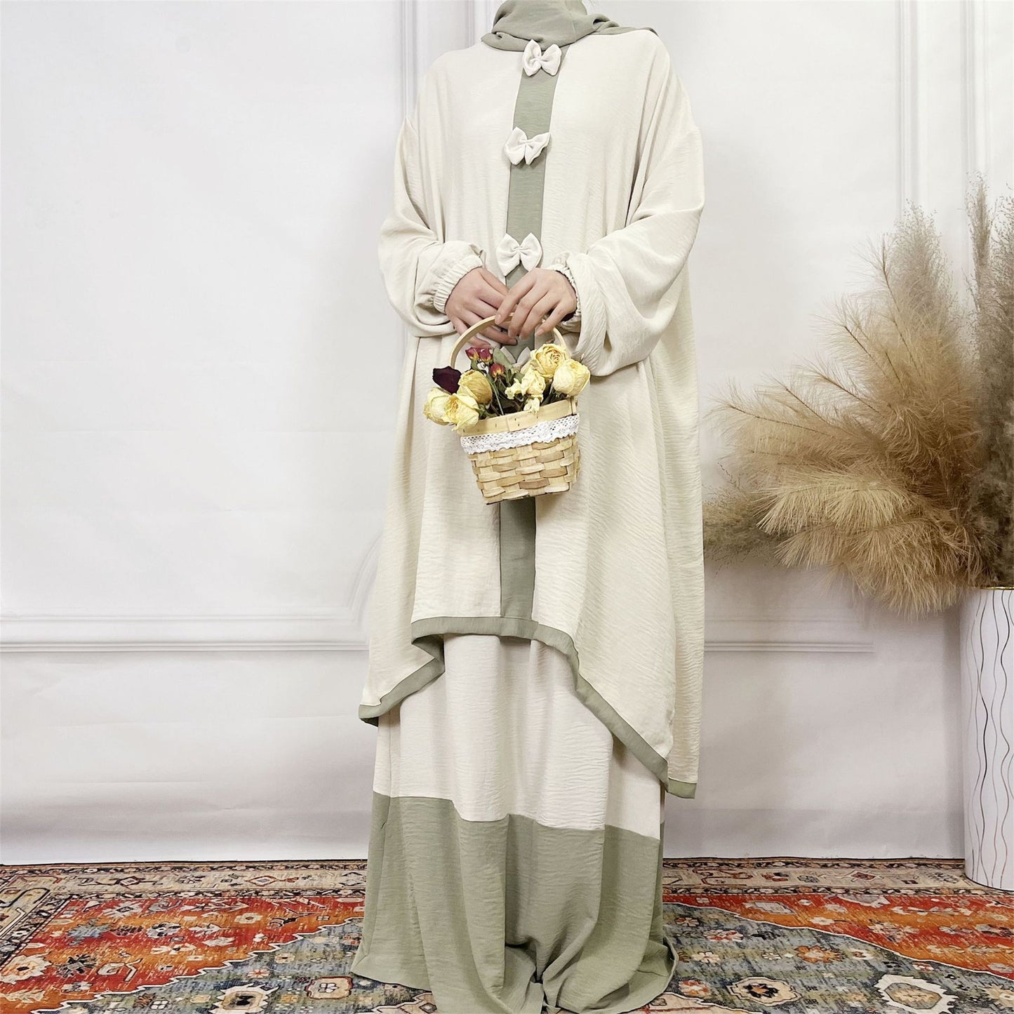 2024Aliexpress Muslims Fashion Women's Two-Piece Set with Bowknot, Solid Color Double-Layer Hat and Robe Set