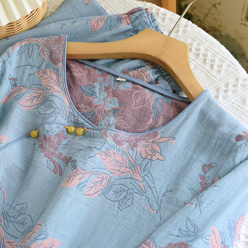 Women's Pearl Button Color Woven Jacquard National Style Pajamas Spring Four Seasons Thin Round Neck Pullover Homewear Set Suitable for Outerwear