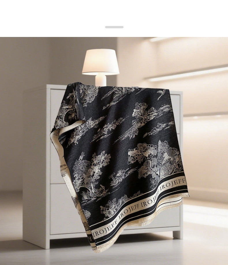 Light Luxury Style Imitation Cashmere Jacquard Shawl for Women Winter Warm Double-Sided Printed Landscape Scarf Outerwear Layering Neck Warmer