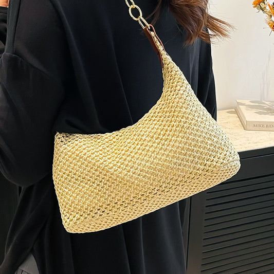 South Korea ins Vintage Woven Tote Bag Straw Bag Large Capacity Underarm Bag Shoulder Bag Vacation Style Beach Bag for Women