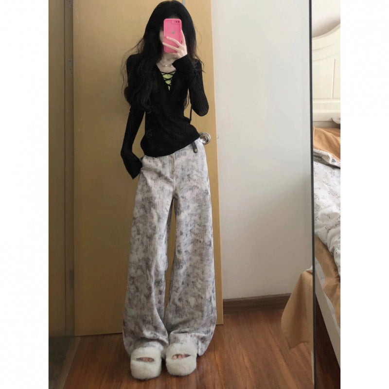 American Retro Tie-Dye Print Casual Wide-Leg Jeans for Women Loose High-Waist Draped Floor-Length Pants Summer Hot Sale