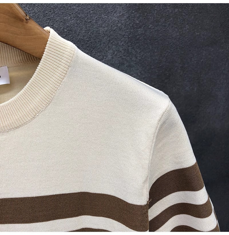 2025New Short Sleeve Knitted Shirt for Men, Striped, Simple, High-End Business, Mature, Slim Fit, Ice Silk T Men's Shirt