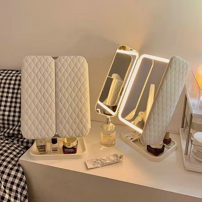 LED Makeup Mirror Desktop with Light Three-Sided Folding Magnifying Internet Celebrity Dormitory Desktop Beauty Bedroom Dressing Mirror