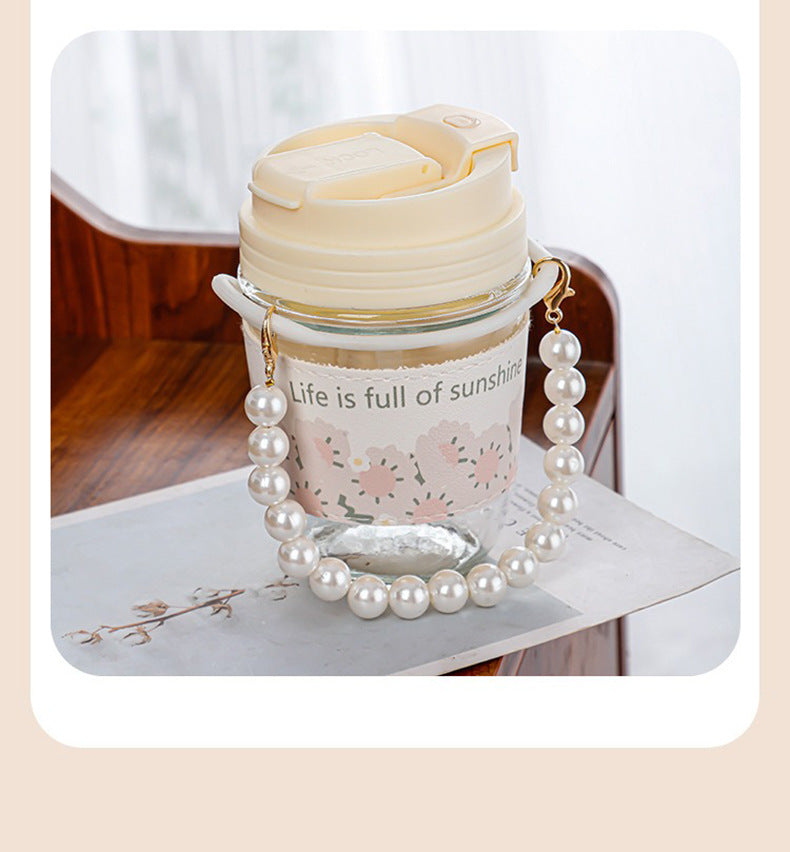 Glass Cup Straw Water Cup High Temperature Resistant Pearl Bracelet Double Drinking Cup Cup Souvenir Creative High Appearance Universal