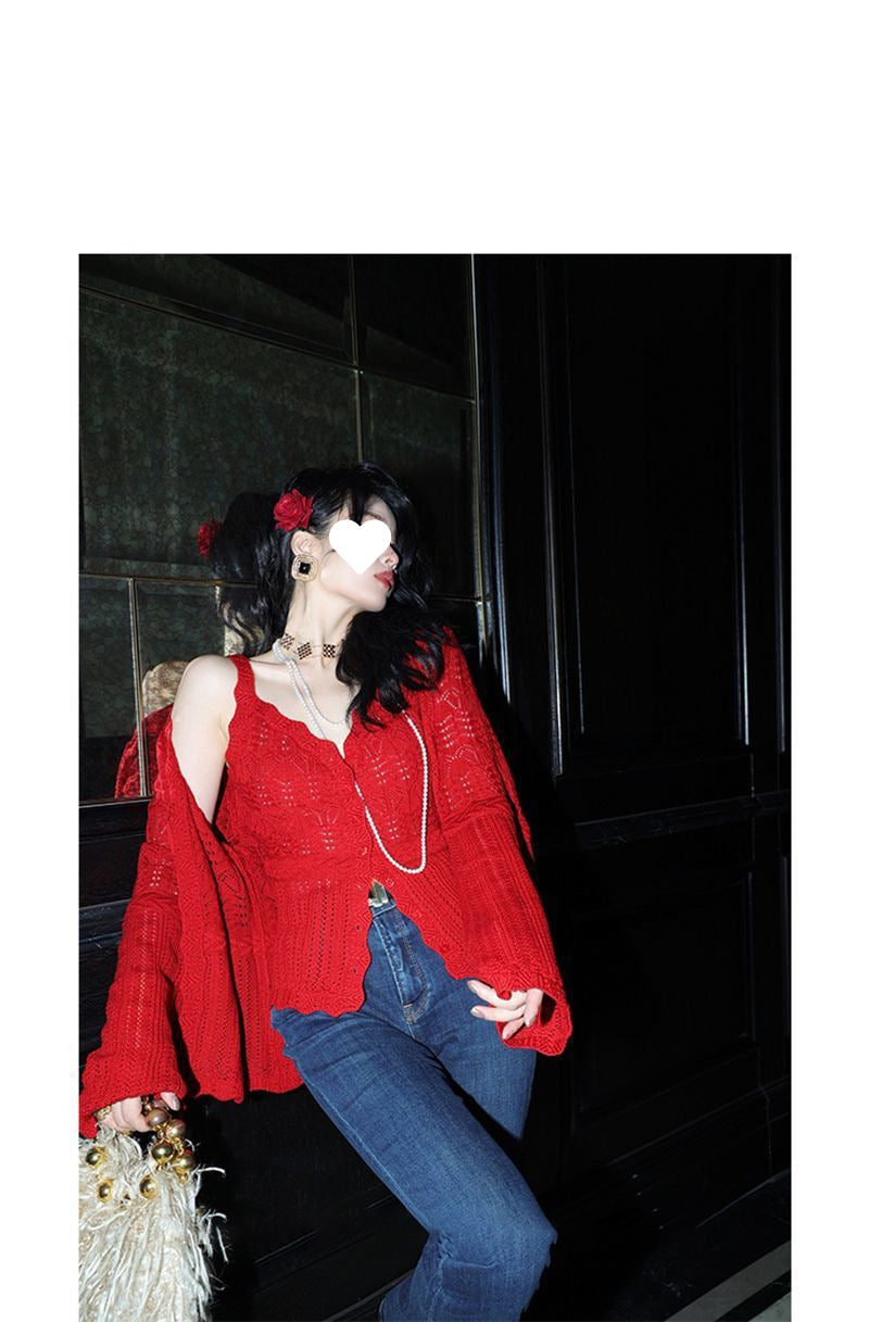French Style Three-Dimensional Slight Flare V Women's Fashion Collar Suit2025Autumn New Camisole Jacquard Cardigan Two-Piece Set