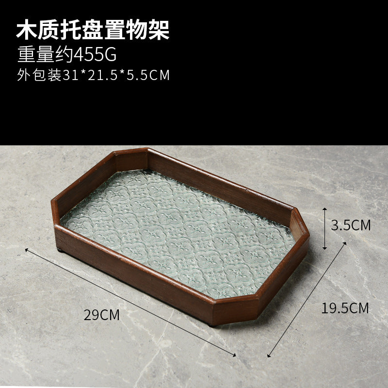 Begonia Embossed Glass Tray Walnut Color Rectangular Tea Tray Storage Ornaments Tea Water Cup Fruit Snack Plate